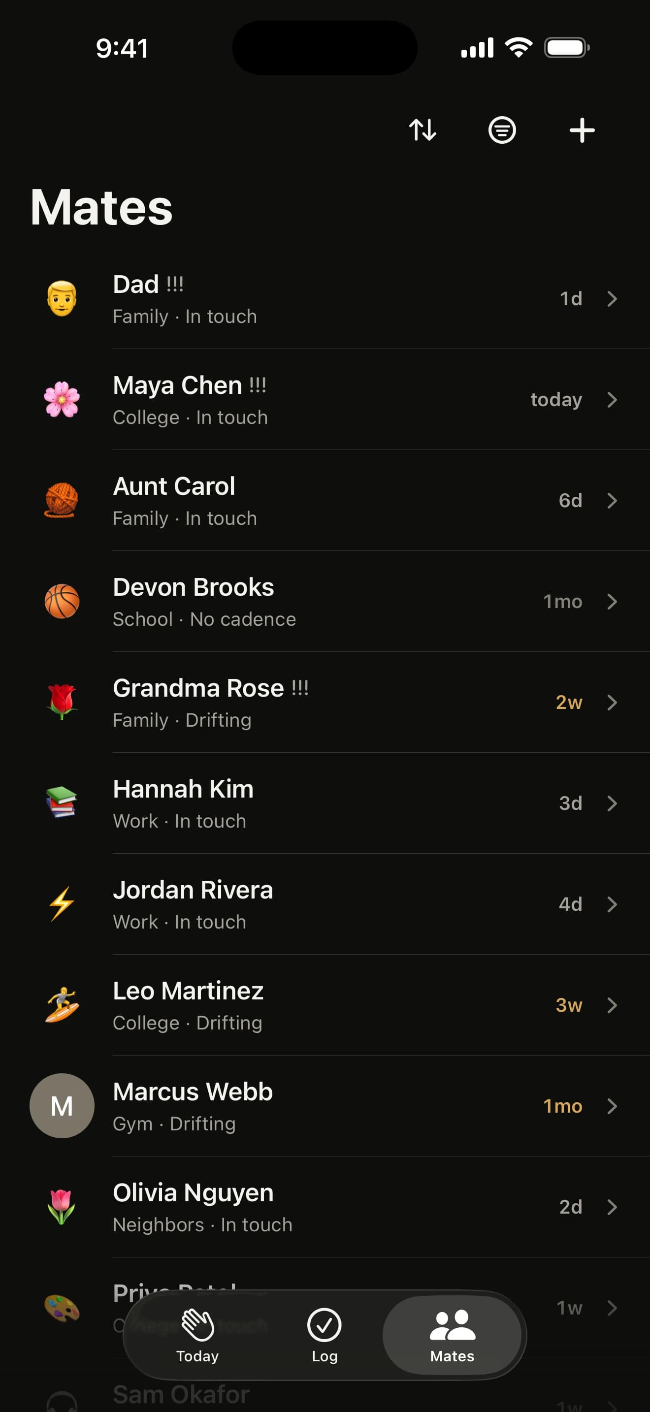 The Mates list: everyone you keep up with, each with their group and how the friendship is going.