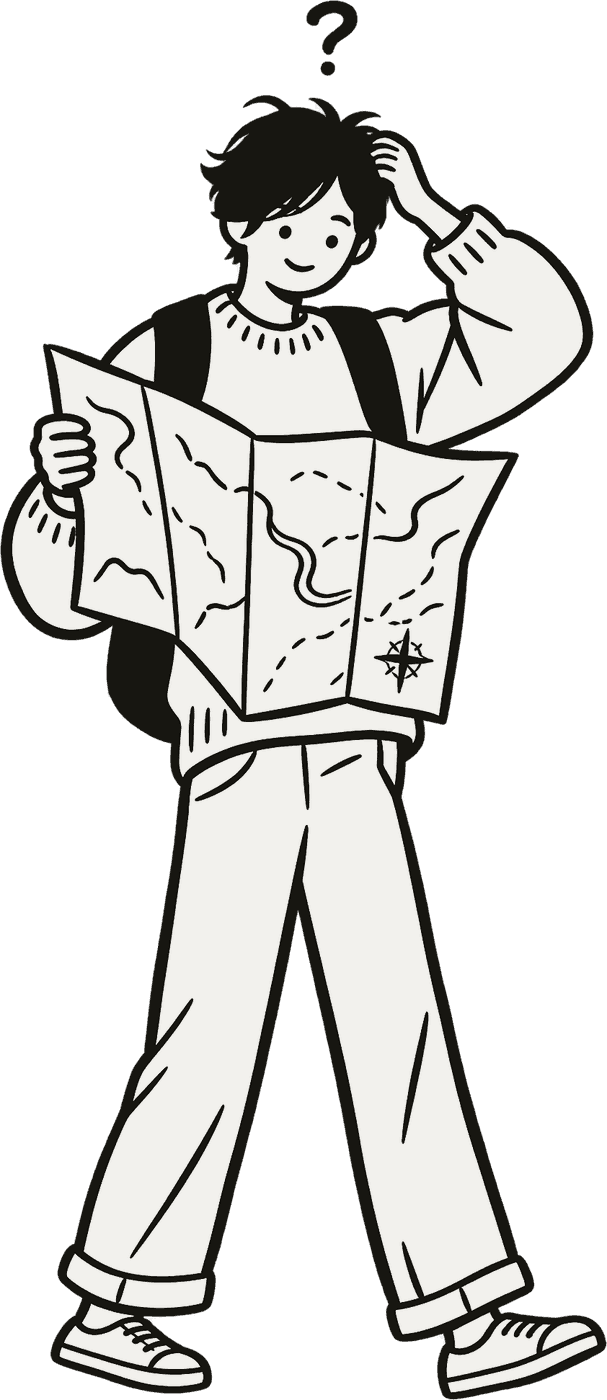 A puzzled person holding a paper map upside down, a question mark above their head.