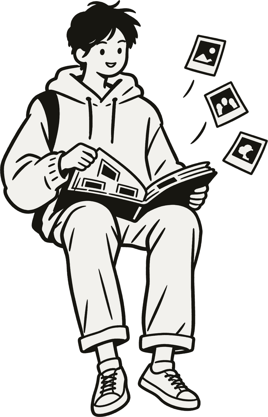 A young man sitting on a ledge flipping through a photo album, polaroids drifting out.