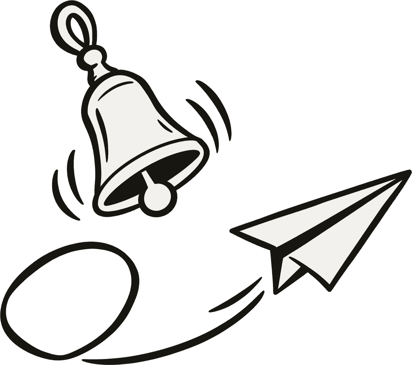 A small hand bell ringing, a paper plane looping past.