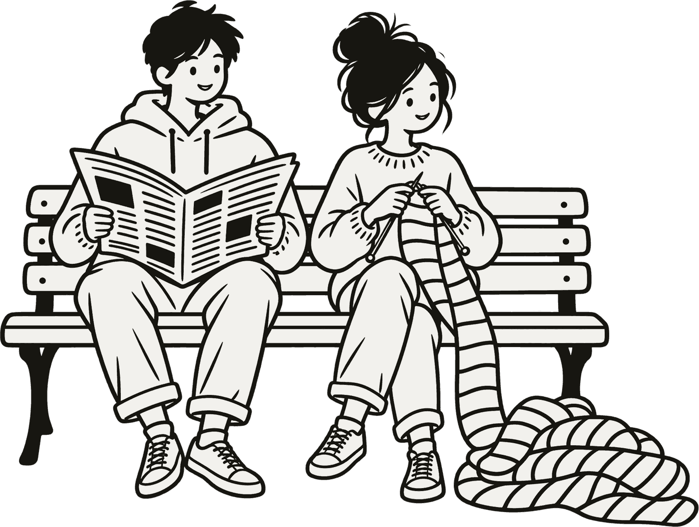 Two friends on a park bench, one reading the paper, the other knitting an extremely long scarf.