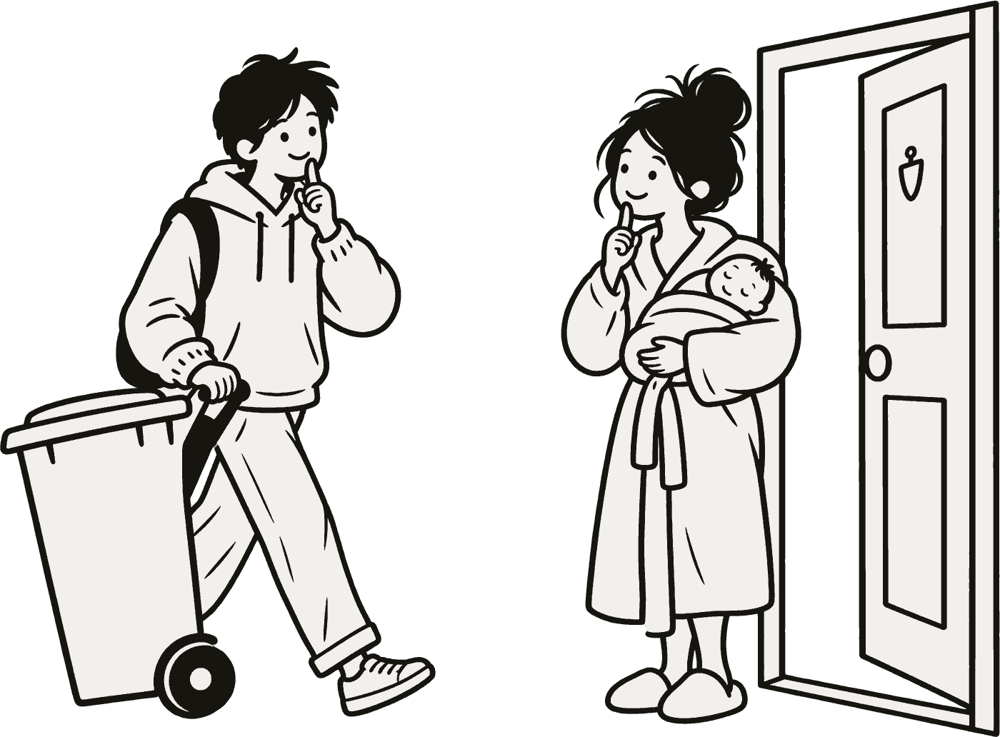 An ink drawing of a friend wheeling a bin to the kerb while a new parent in a dressing gown holds a sleeping baby at the door, both going shh.