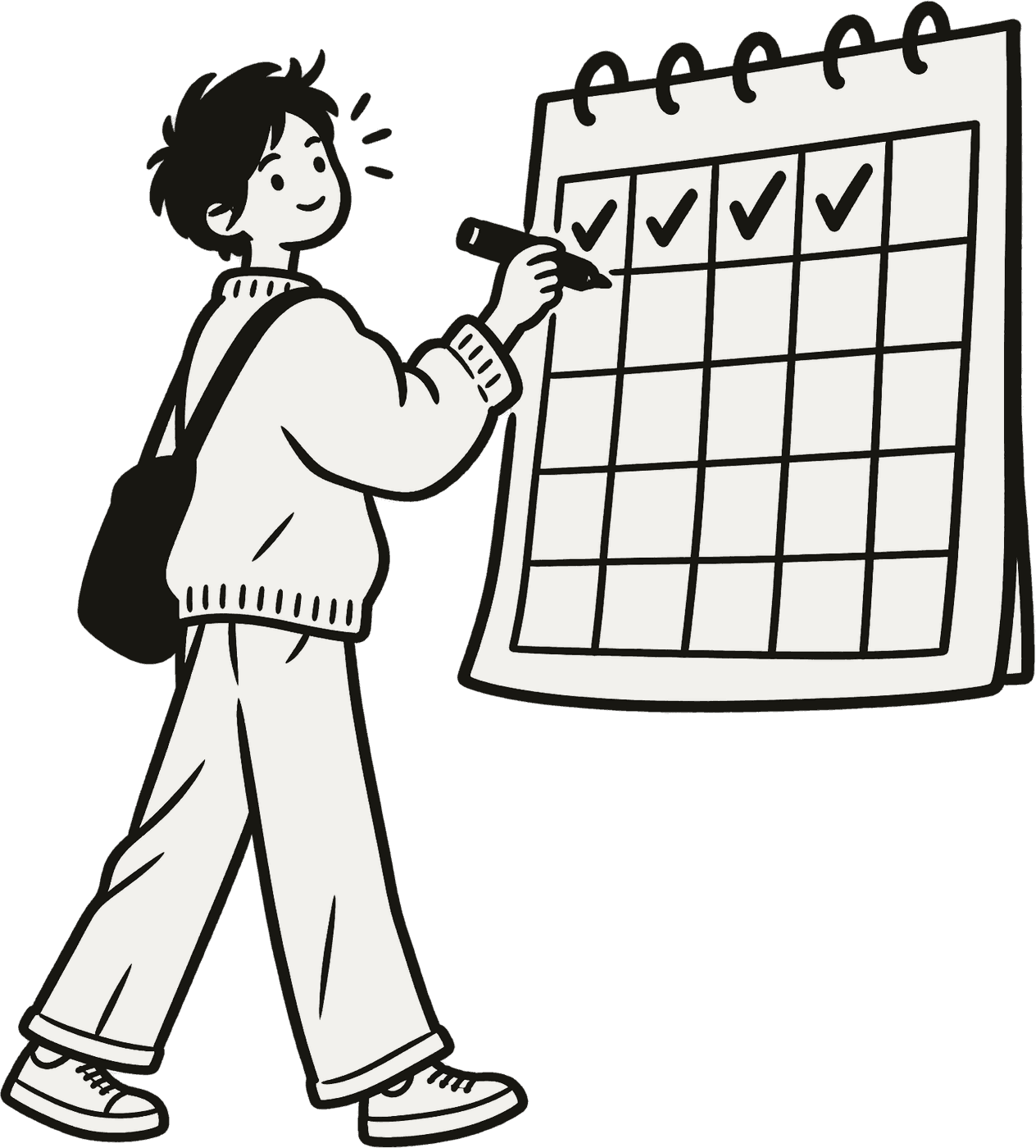 A person ticking off days on a big wall calendar.