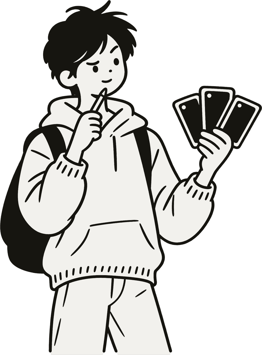 A person squinting at three phones fanned out like a hand of playing cards, pencil in hand.