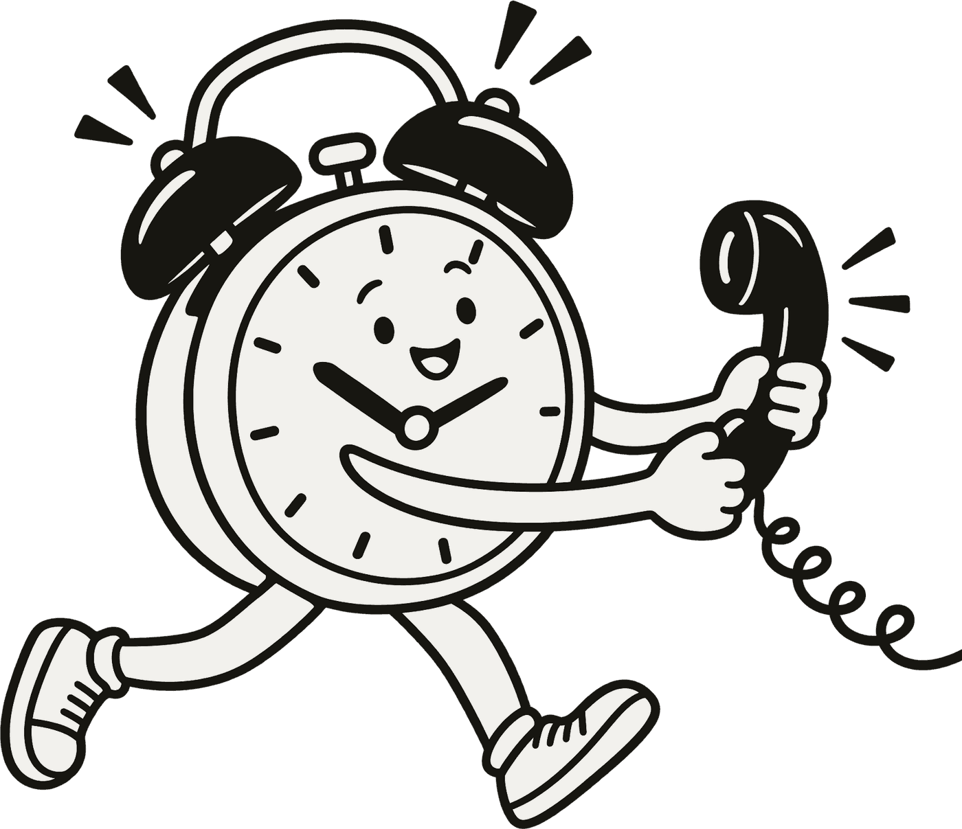 An old alarm clock with little legs, running along holding a telephone handset.