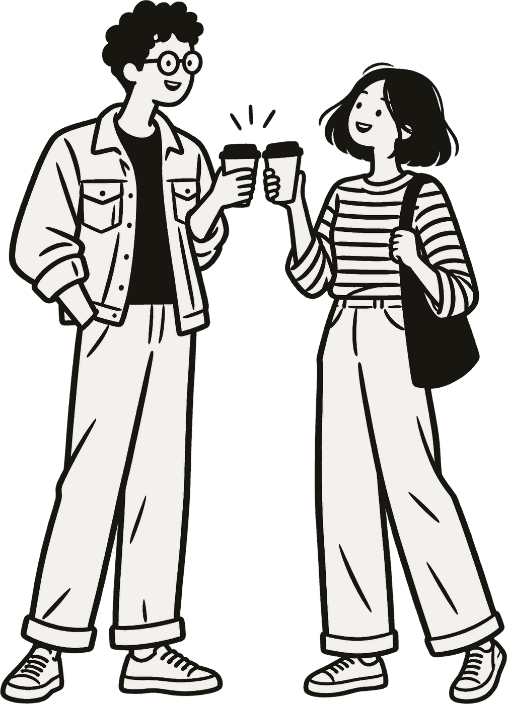 Two friends laughing and clinking takeaway coffee cups.
