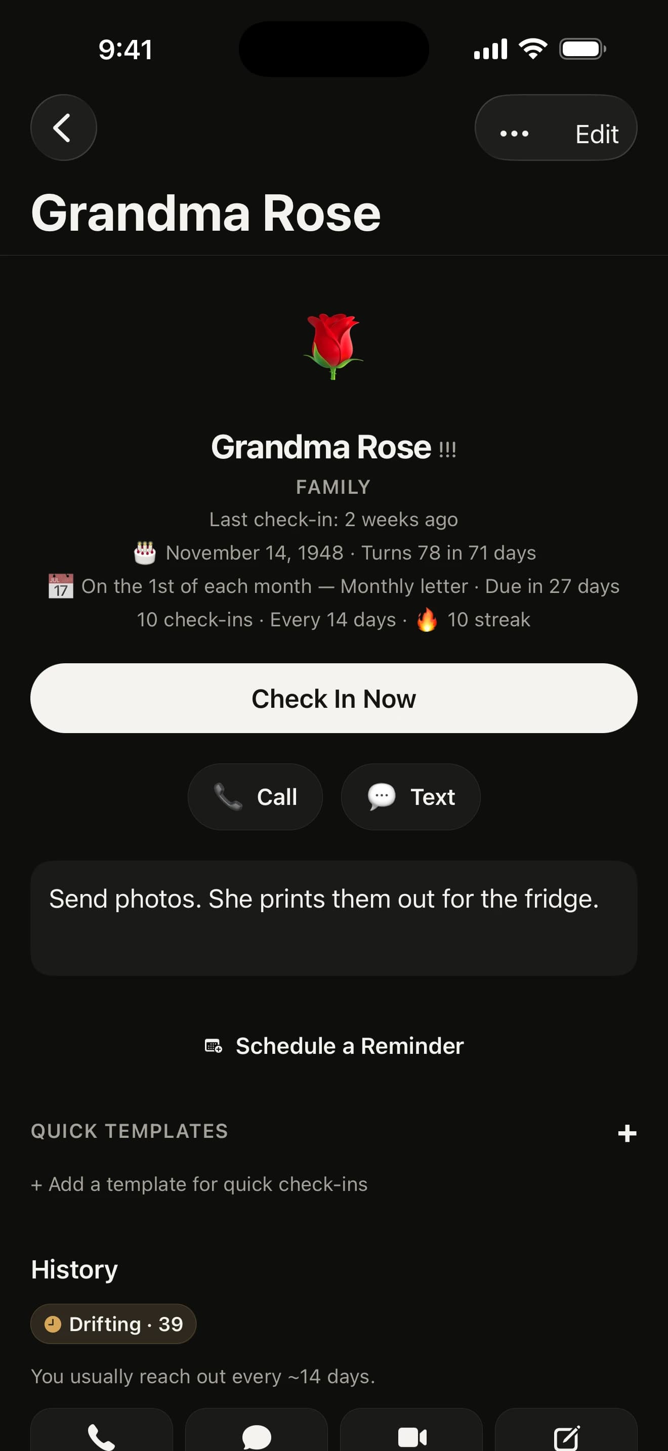 A mate’s page for Grandma Rose: her birthday, a monthly letter reminder, a note that she prints photos out for the fridge, and a Check In Now button.