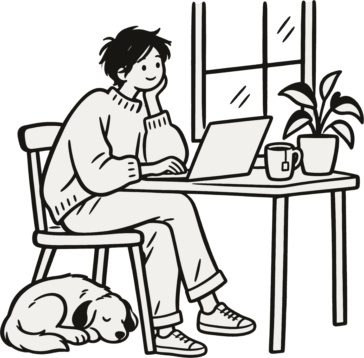 Someone working at a small desk by a window, a dog asleep under the chair.
