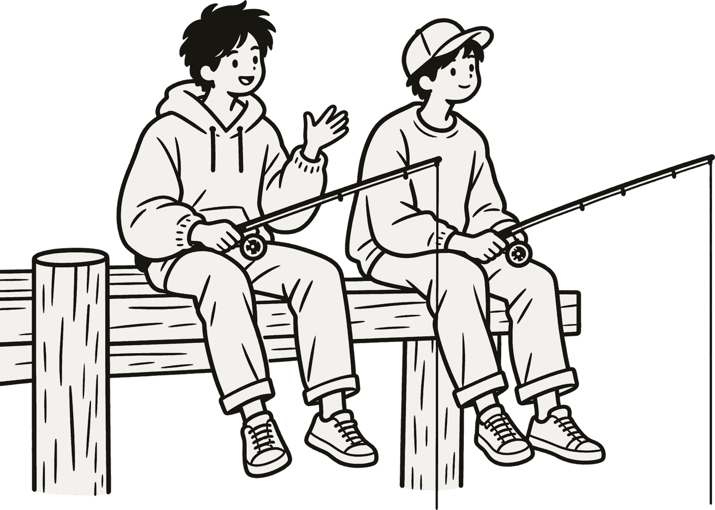 Two blokes side by side on a jetty with fishing rods, looking out at the water, one talking.