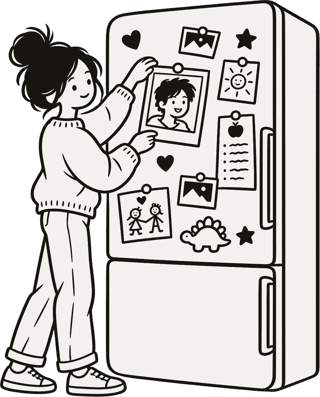 An ink drawing of a person pinning a friend’s photo right in the middle of a crowded fridge door.
