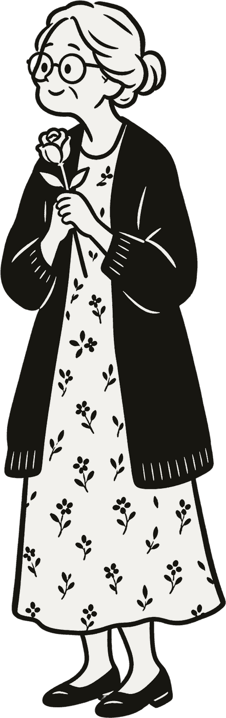 A white-haired grandmother in a cardigan holding a single rose to her chest.