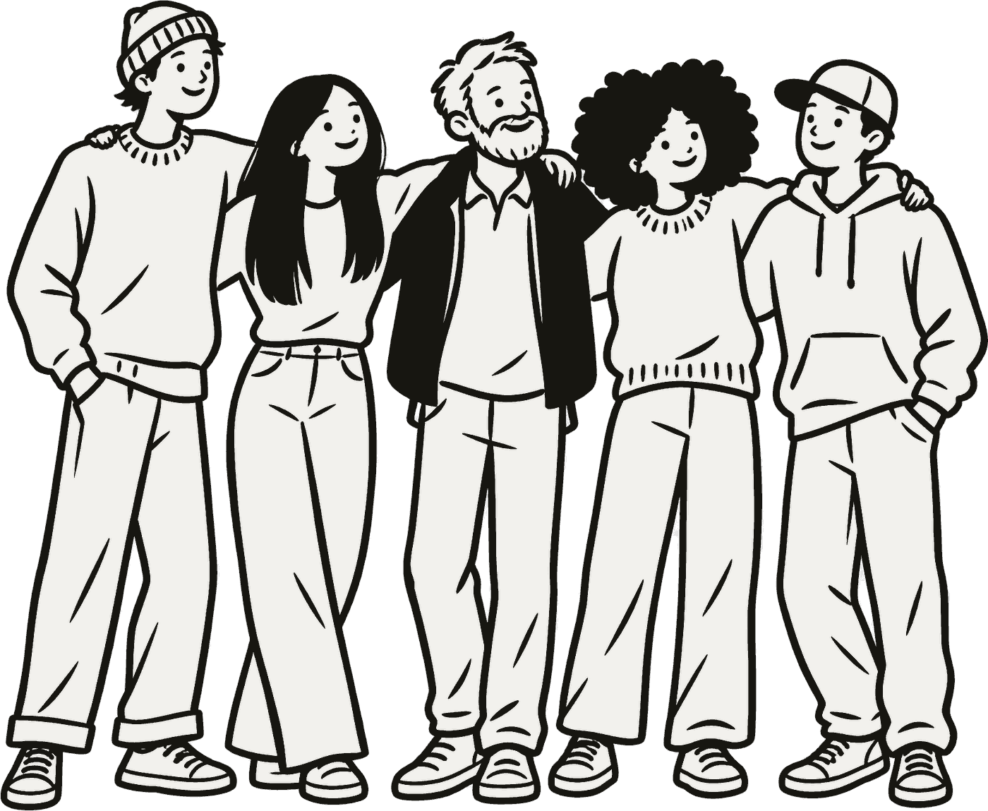 Five friends standing in a row with their arms around each other’s shoulders.