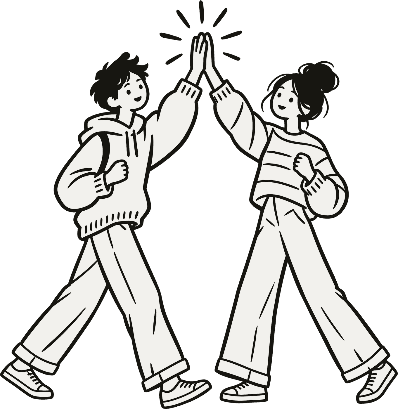 Two friends mid-stride, high-fiving.