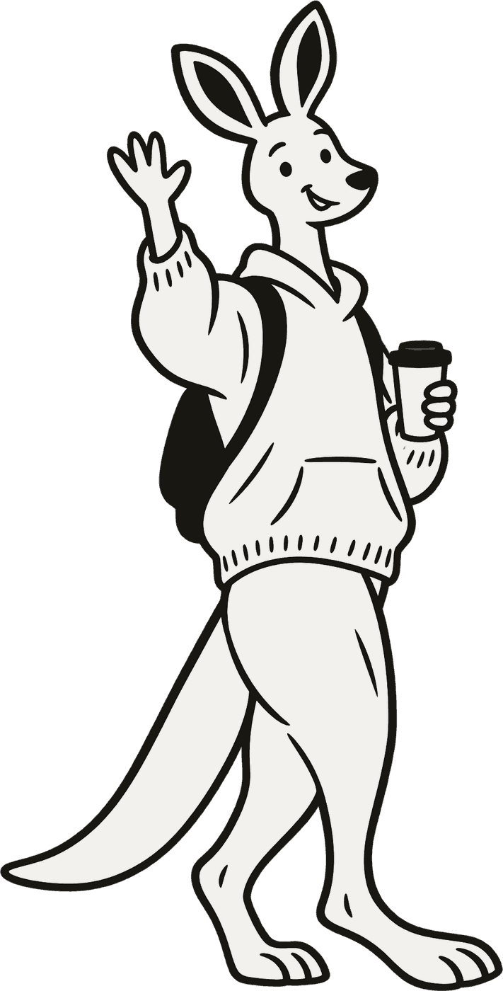 A kangaroo in a jumper and backpack waving, a takeaway coffee in its other paw.