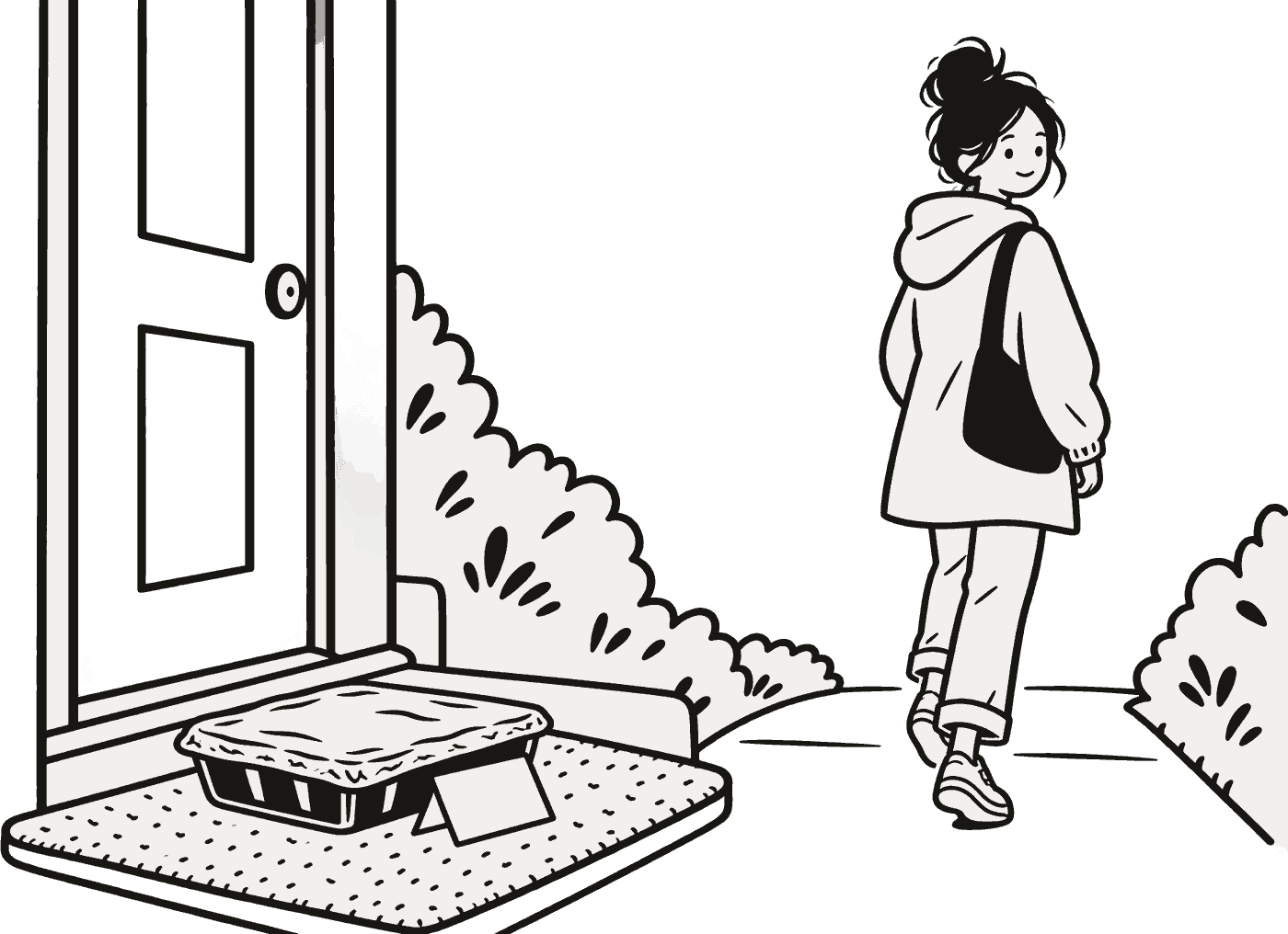 An ink drawing of a foil-covered lasagne and a folded note left on a doormat as a figure walks quietly away down the path.