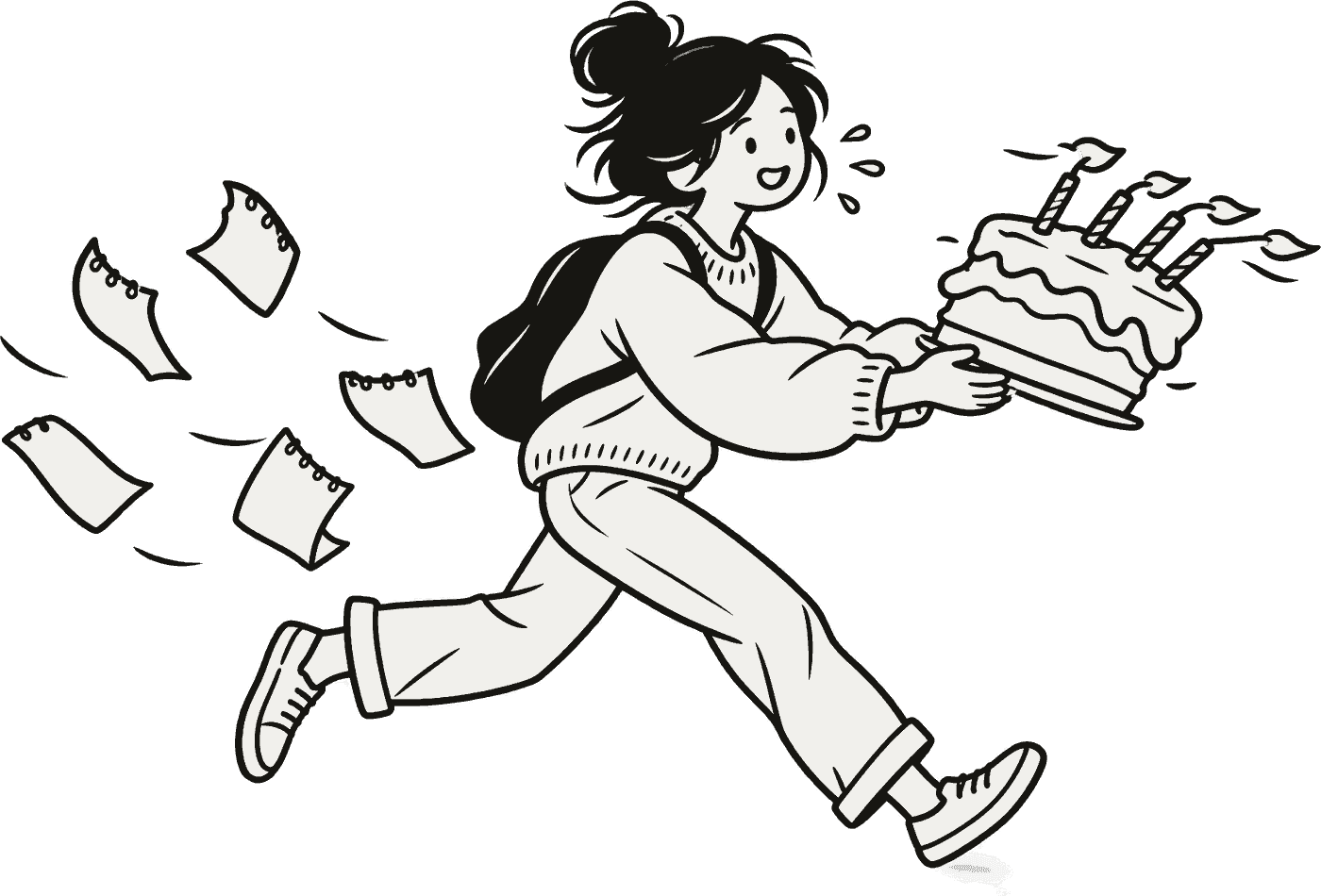 An ink drawing of a breathless person sprinting with a squashed birthday cake, candles blown sideways, calendar pages flying behind.