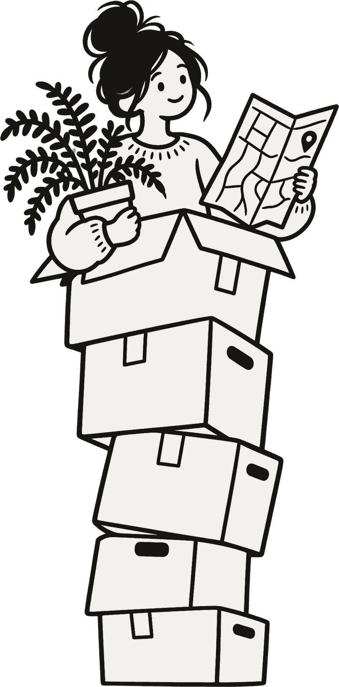 A person peeking out from a teetering stack of moving boxes, holding a fern and a street map.
