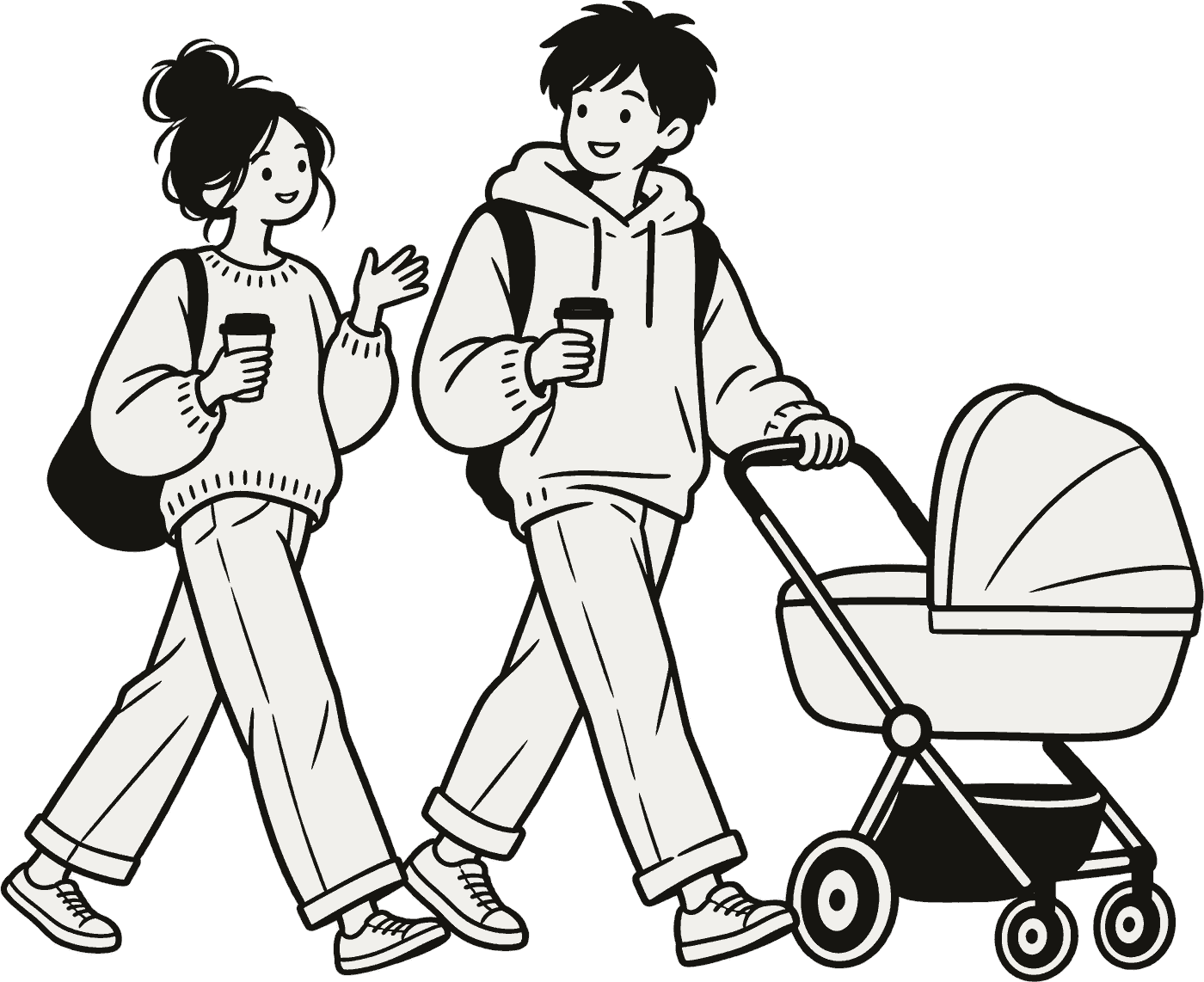 Two friends walking and chatting with takeaway coffees, one pushing a pram.