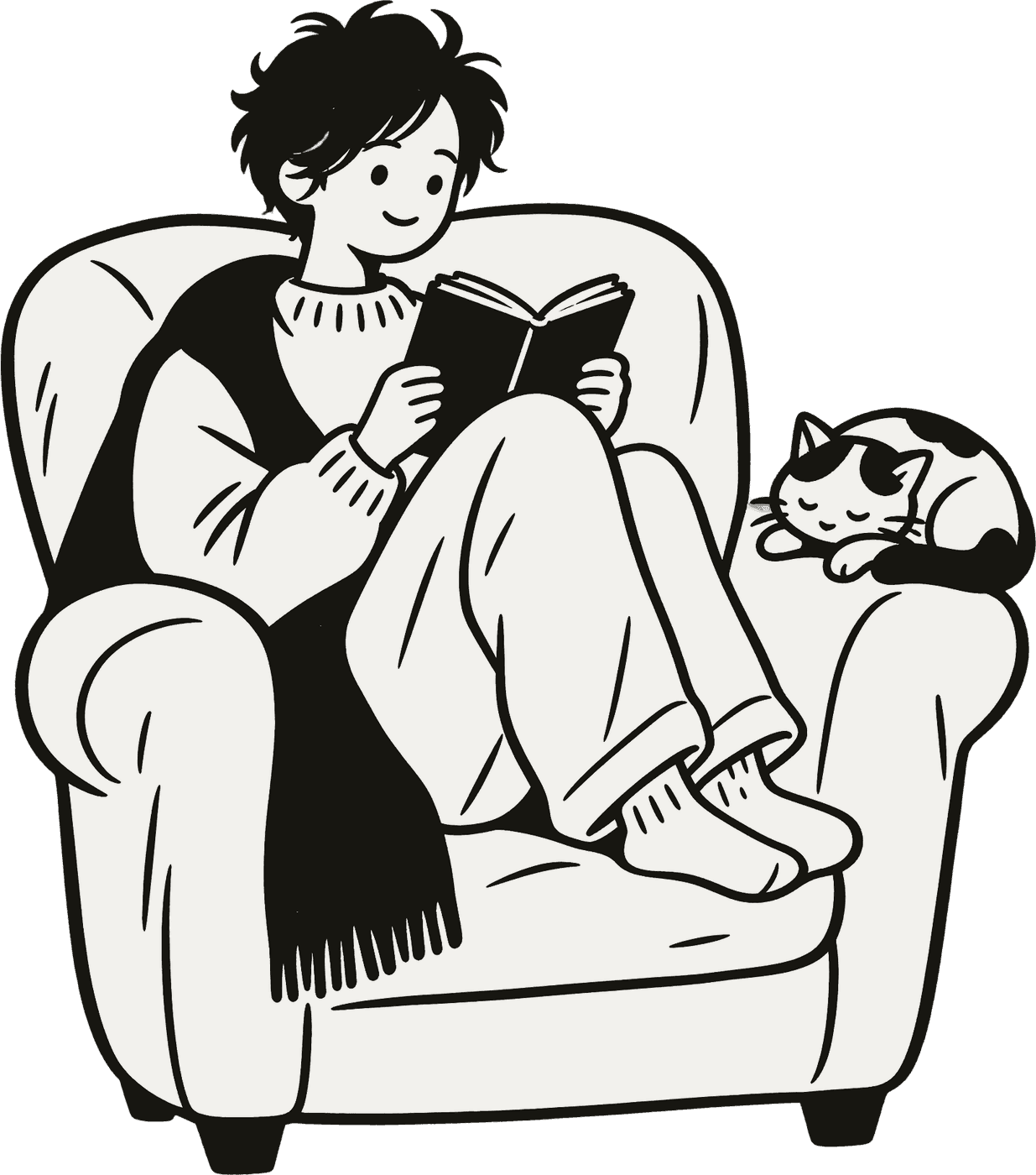 A person curled up in an armchair reading, a cat asleep on the armrest.