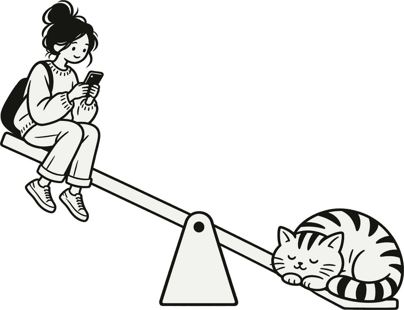 A seesaw with a person stuck up in the air holding a phone, and a sleeping cat weighing down the other end.