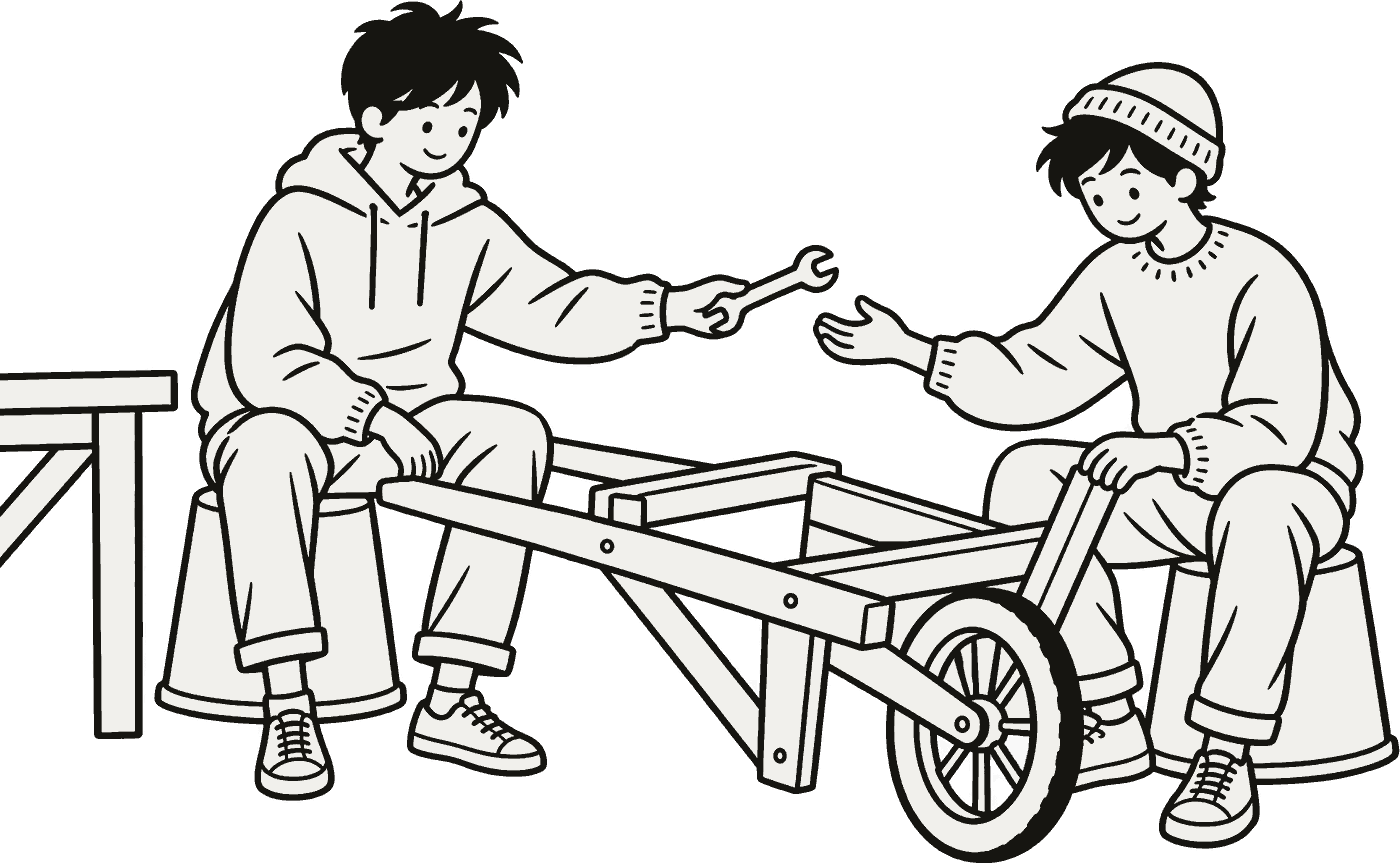 An ink drawing of two blokes on upturned buckets building a billy cart together, one passing the other a spanner without looking.