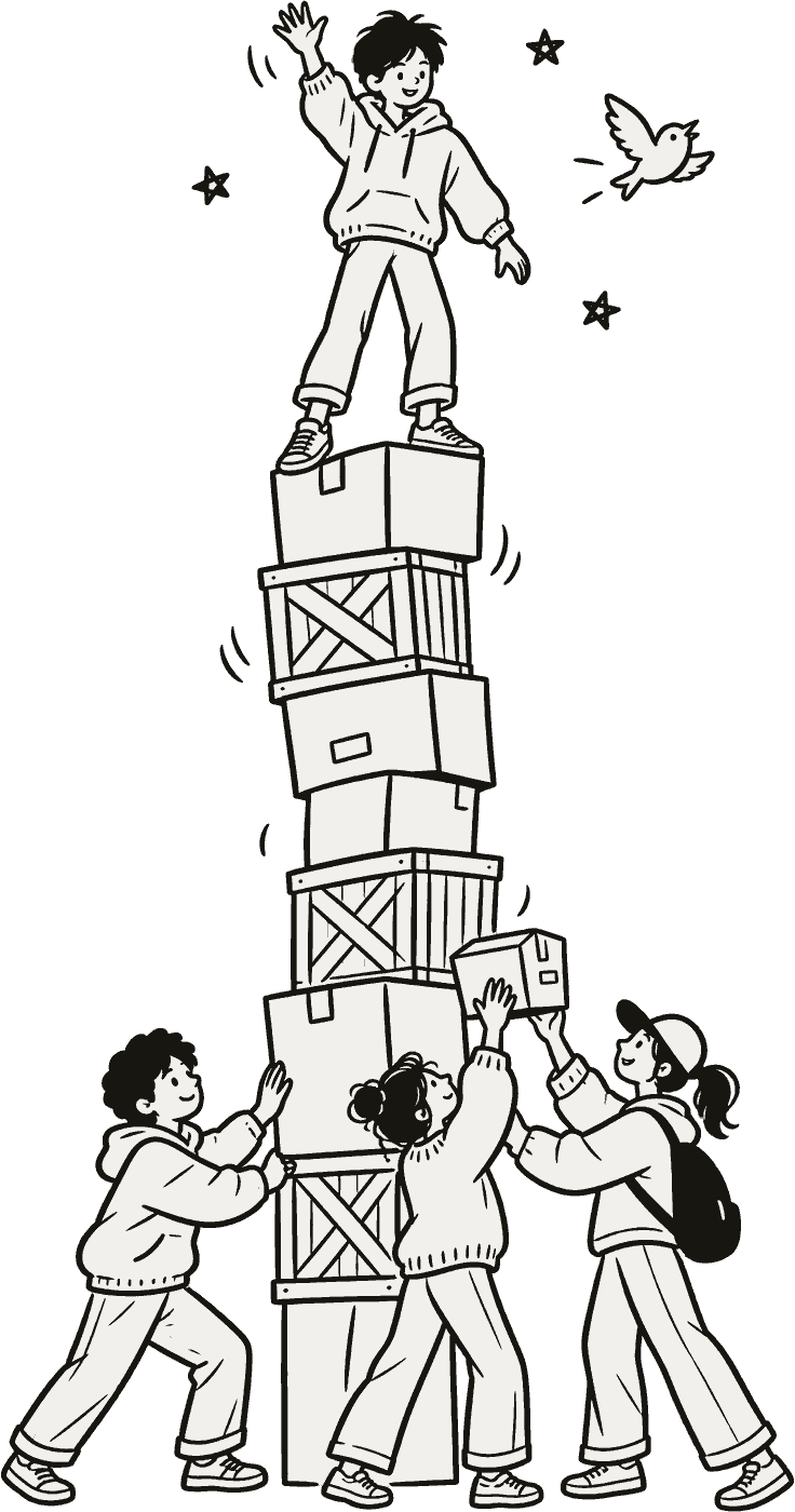 A person waving from the top of a wobbly tower of parcels and crates, while three friends below hold it steady and pass up one more.