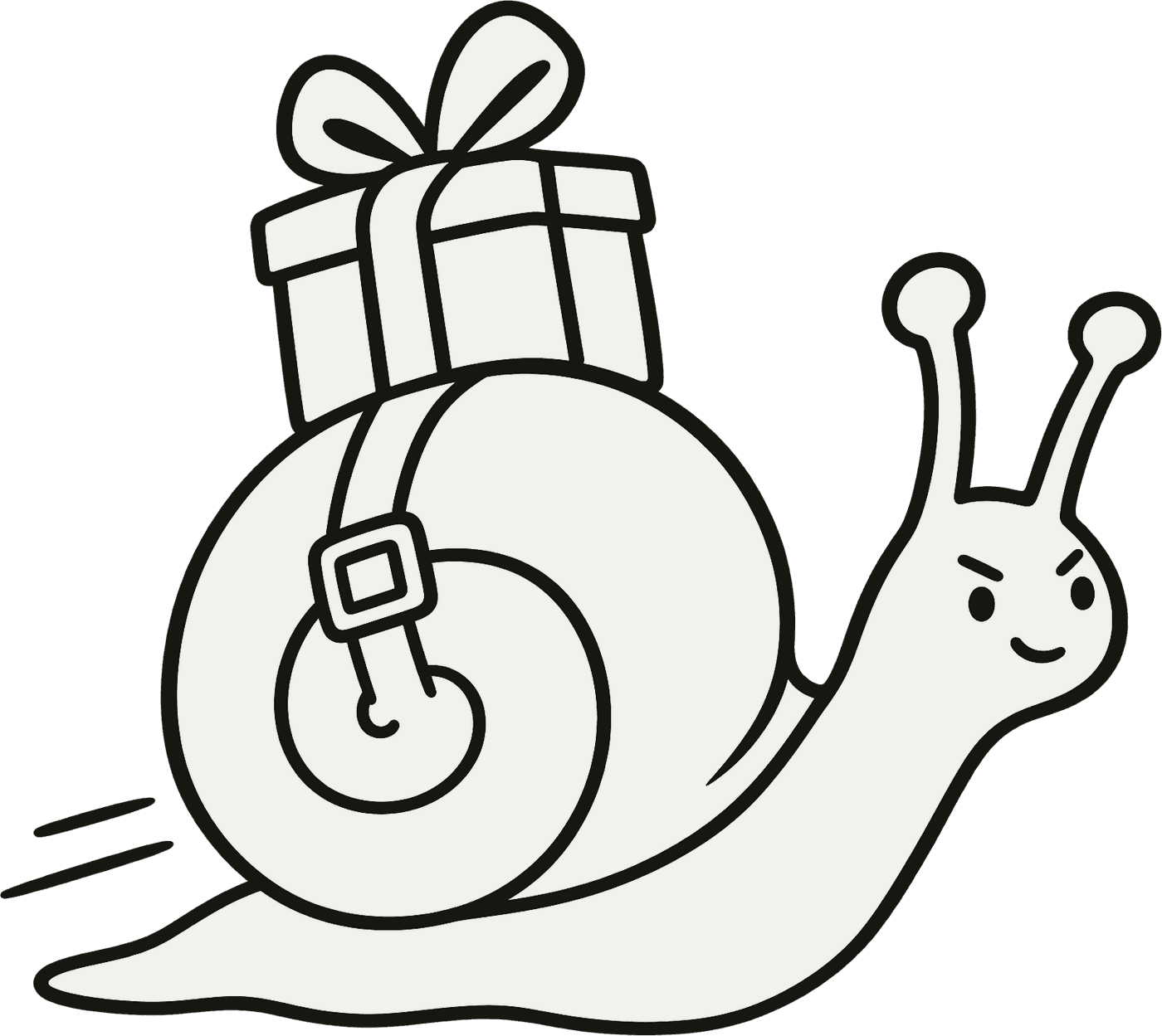 A determined snail carrying a wrapped birthday present on its shell.