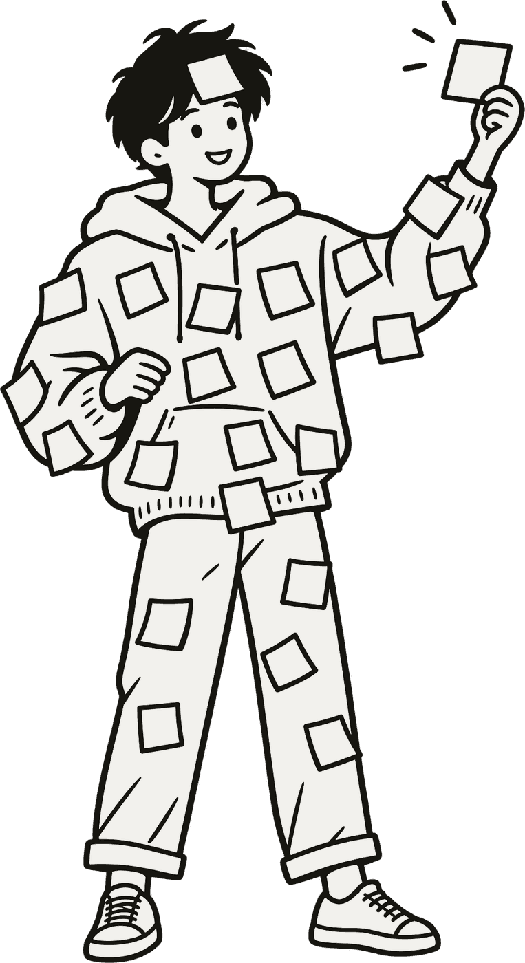 A cheerful person covered in sticky notes, holding up one more.