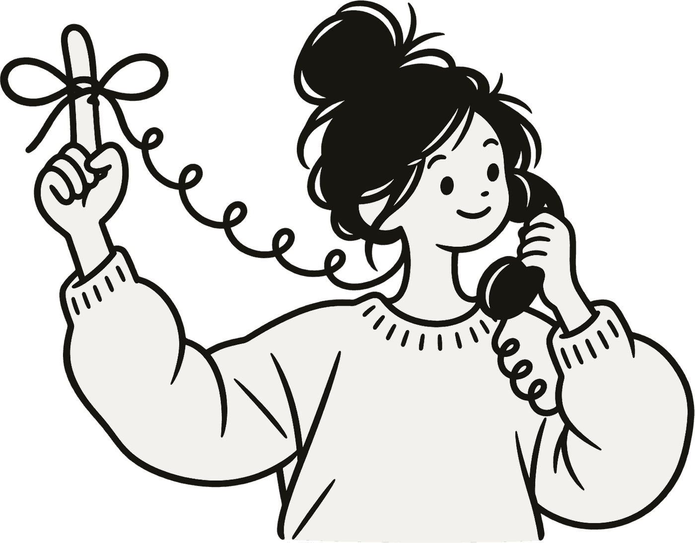 An ink drawing of a person with a string bow tied round one finger, a curly phone cord looping from it to the old-fashioned phone at their ear.