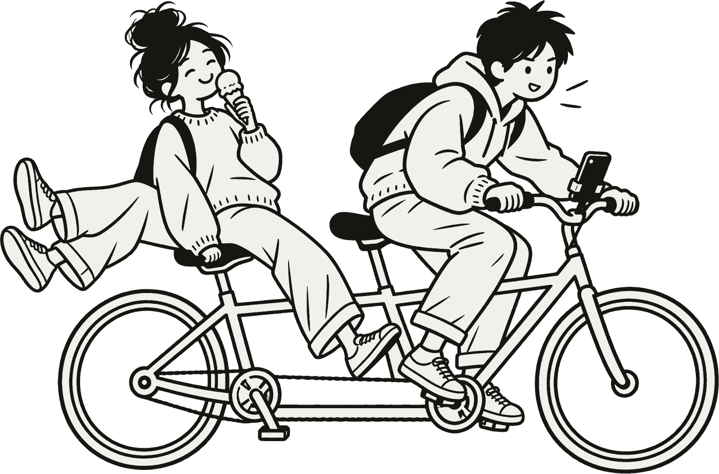 An ink drawing of two friends on a tandem bike: the front one pedalling hard, the back one feet up, eating an ice cream.