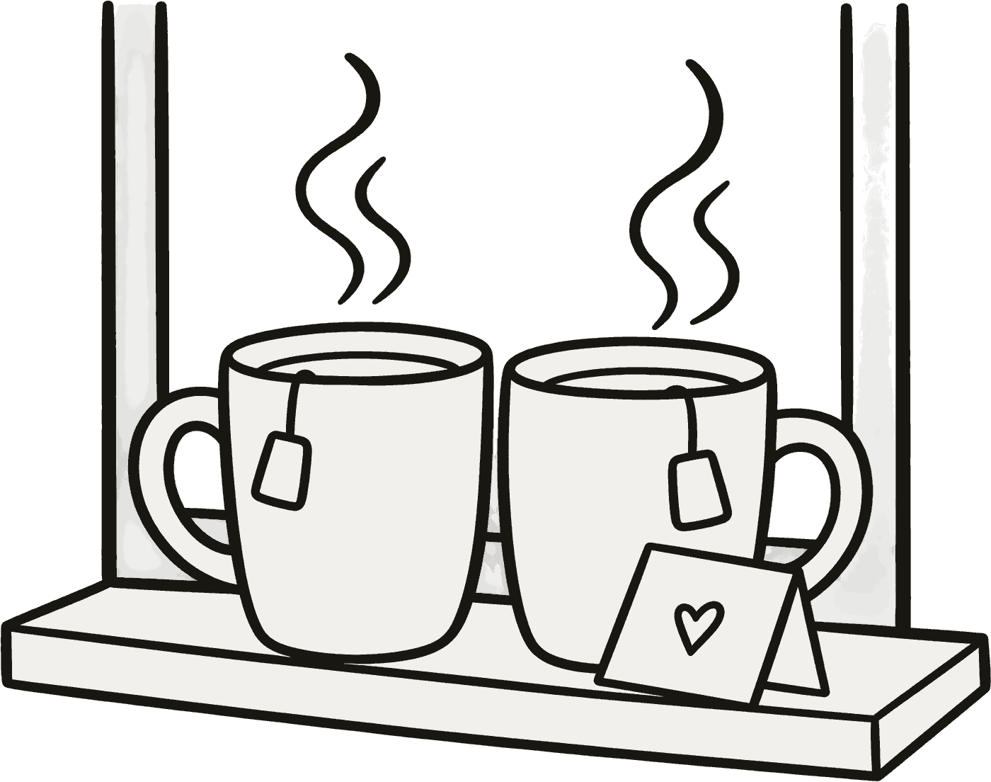 Two mugs of tea steaming side by side on a windowsill, a folded note leaning against one.