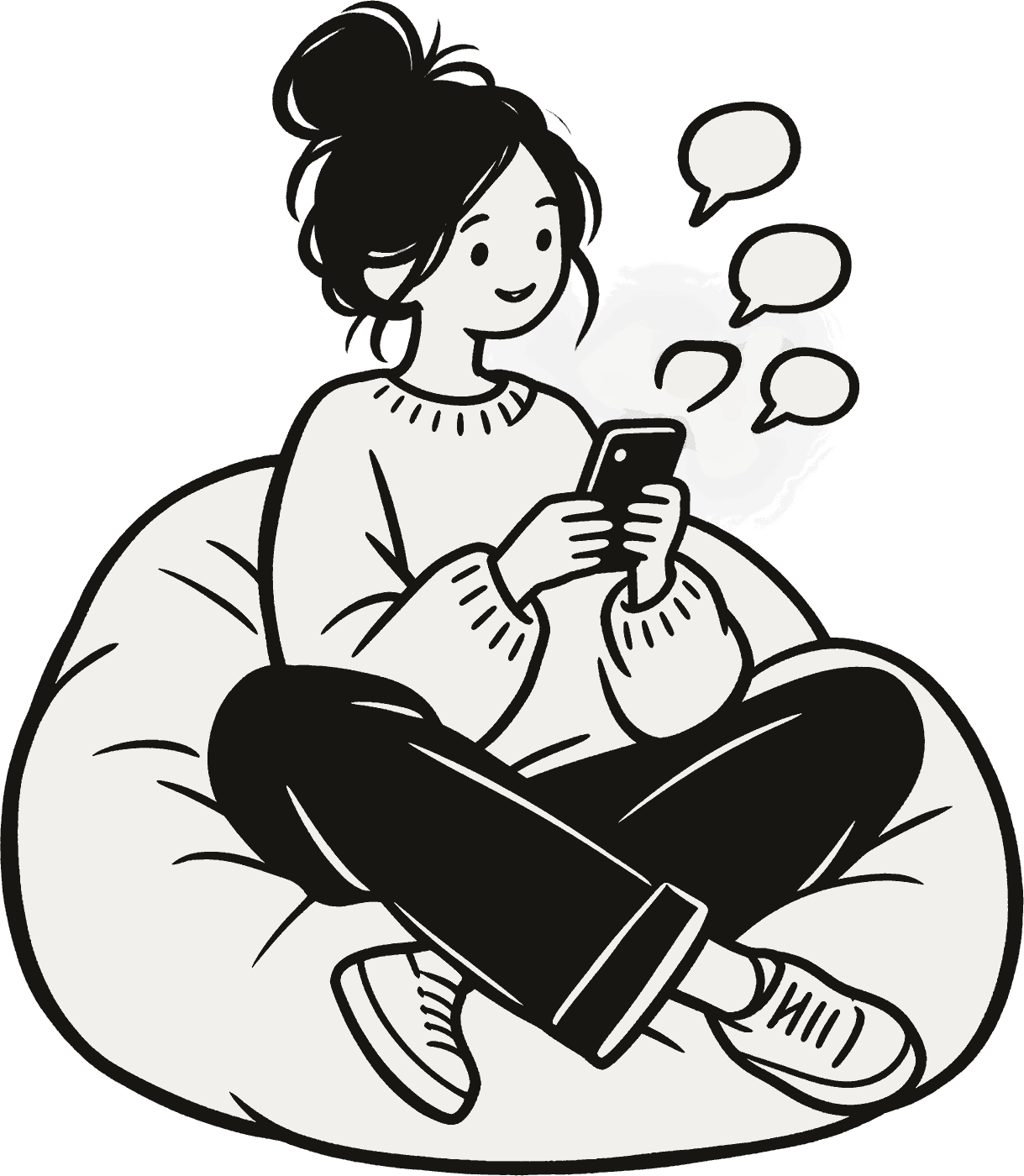 A woman on a beanbag happily typing on her phone, speech bubbles floating up.