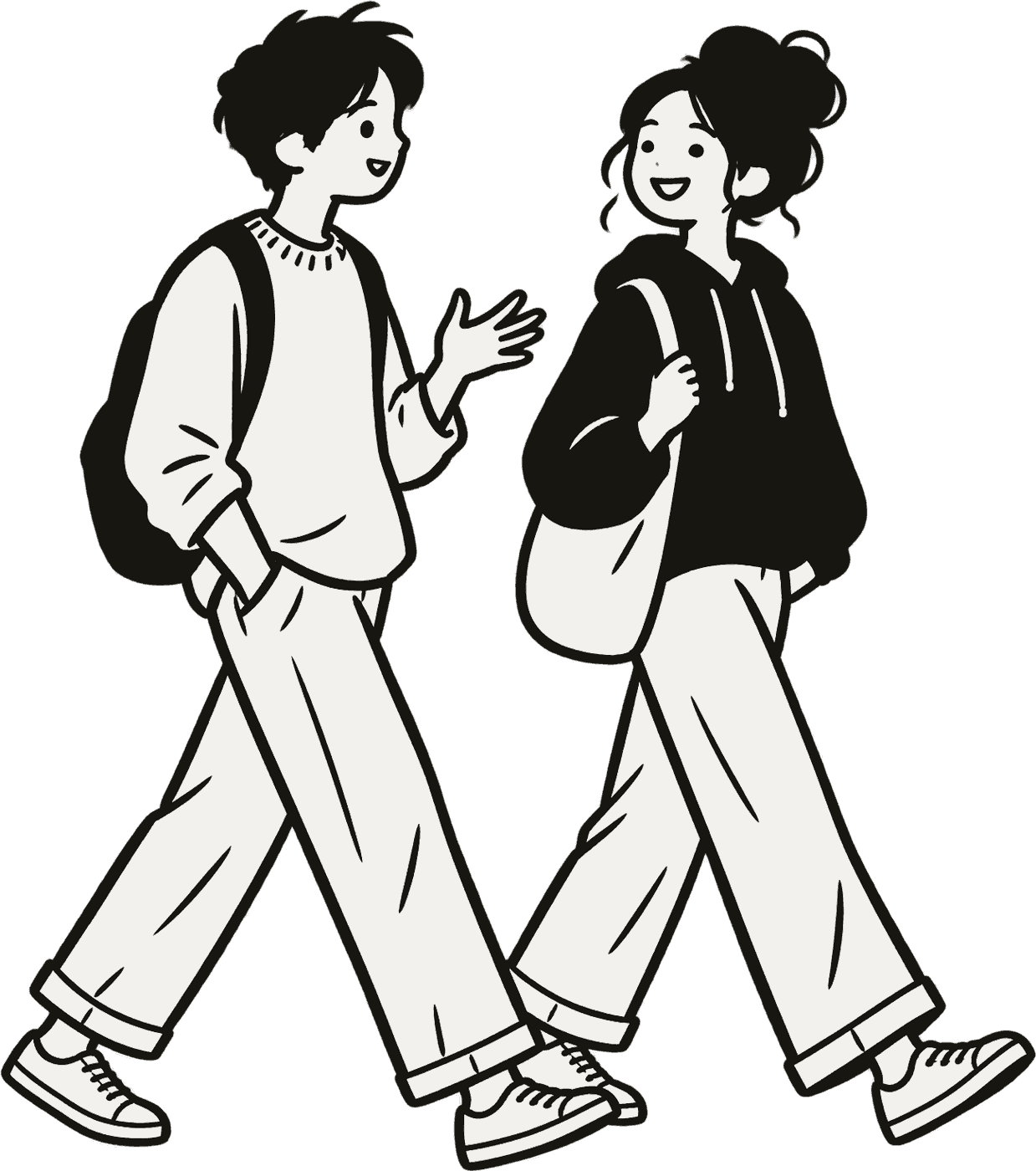Two friends walking side by side, one telling a story, the other laughing.