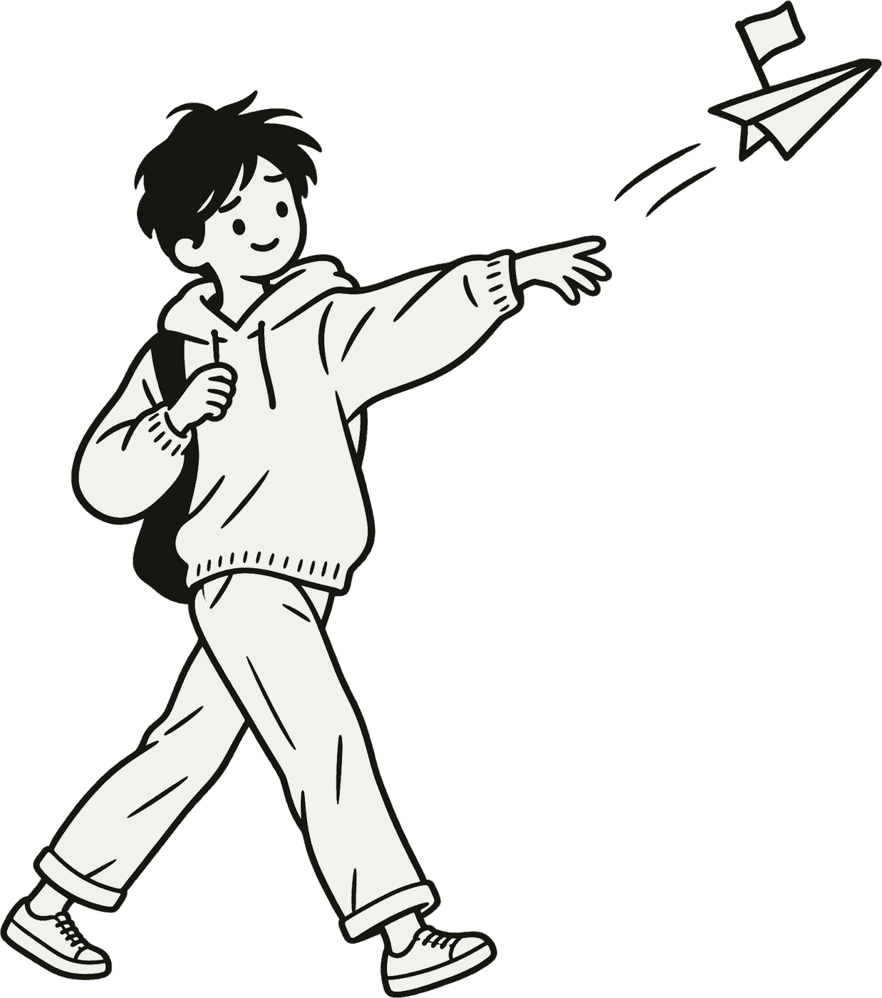 A sheepish person launching a paper plane with a tiny white flag attached.