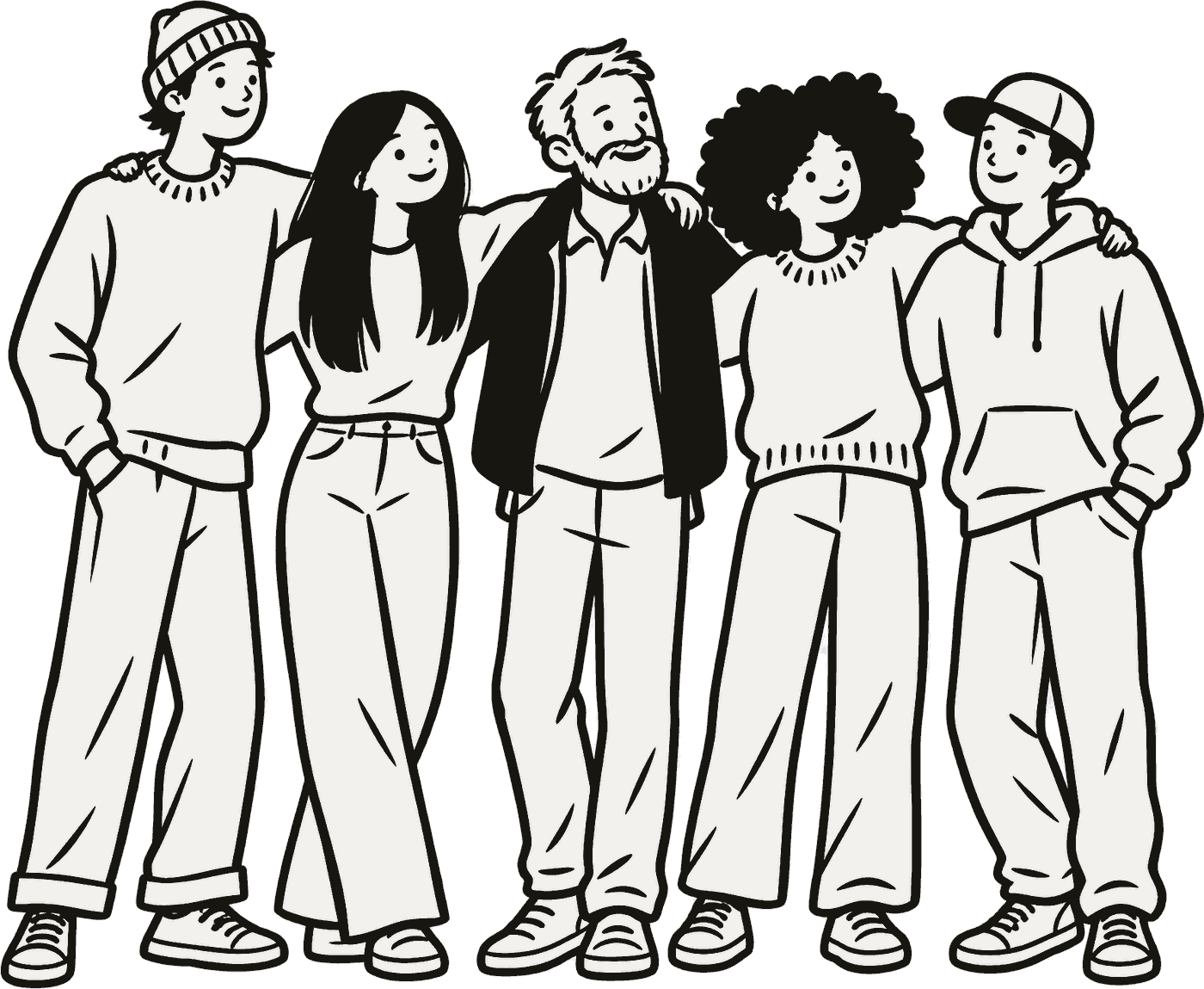 Illustration of five friends arm in arm